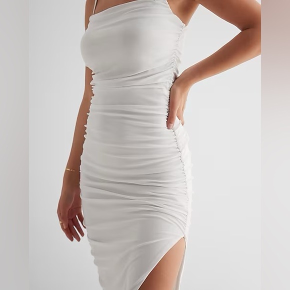 Express Body Contour Mesh Ruched Side Slit Midi Dress With Bra Cups XS - Picture 2 of 5